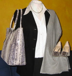 gray-accessories-for-black-suit-with-white-blouse